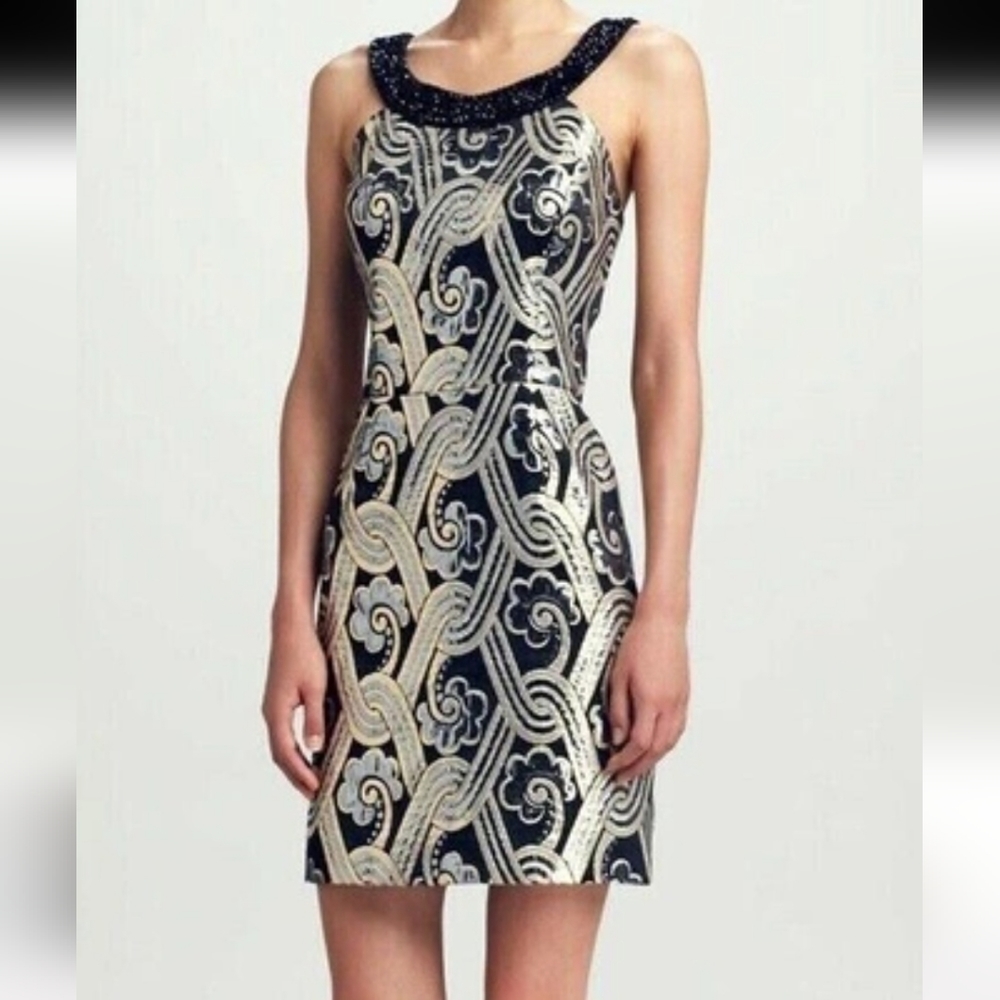 Lilly Pulitzer Sydney Brocade Black Gold Metallic Beaded Cocktail Dress Sz 2 - Picture 2 of 10